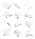 Set of vector white empty papers flying or falling in different positions with curled and twisted edges isolated on white