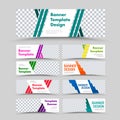 Set of vector white horizontal web banners with place for photo and color diagonal lines and squares Royalty Free Stock Photo