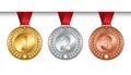 Set of vector winner medals golden silver bronze for champions with red ribbon, signs of first, second and third place, isolated Royalty Free Stock Photo