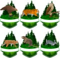 Set of vector woodland emblems with beaver, rabbit, white-tailed eagle, lynx, tiger, eagle owl and Common garter snake