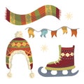 set of vectors christmas new year scarf in ornament skates hat