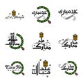 Set of 9 Vectors Eid Mubarak Happy Eid for You In Arabic Calligraphy Style Curly Script with Stars Lamp moon Royalty Free Stock Photo