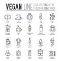 Set of vegan, fruits and vegetables thin line icons