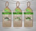 Set of vegan labels. Vegetarian menu design with vegan meal pasta and asparagus with vegetables. Restaurant menu