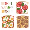 set of vegatables sandwiches with used ingredients