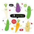 Set of Vegetable Cartoon Character. carrot, radish, eggplant, cucumber, zucchini and bamboo shoot. Vector illustration Royalty Free Stock Photo