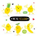 Set of Vegetable and Fruit Yellow Color Cartoon Character. Sweet Pepper, Pineapple, Lemon, Mango, Pear and Banana. Vector illustra