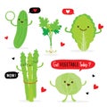 Set of Vegetable Green Color Cartoon Character. asparagus, cucumber, white cabbage, Chinese cabbage and coriander. Vector illustra