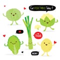 Set of Vegetable Green Color Cartoon Character. cabbage, cauliflower, onion, potato and leek. Vector illustration