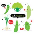 Set of Vegetable Green Color Cartoon Character. chili, broccoli, bitter gourd, spring onion, zucchini and papaya. Vector illustrat