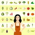 Set of vegetable icons and a gardener woman Royalty Free Stock Photo