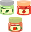 Set of vegetable pickles. Oiled cucumbers, tomatoes in glass jars. Canning