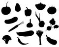 A set of vegetable silhouettes. onion, garlic, beetroot, avocado, pumpkin, broccoli eggplant, leek pepper, squash