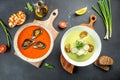 set vegetable soup. tomato soup with mussels and zucchini. organic healthy products. Detox and clean diet concept Royalty Free Stock Photo