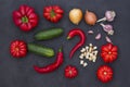 Set of vegetables on a black background: tomatoes, cucumbers, peppers, garlic and onions Royalty Free Stock Photo