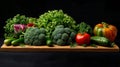 Set of vegetables on a board and black background, cabbage, broccoli, cucumbers