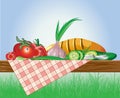 Set of vegetables with bread and tablecloth on nat