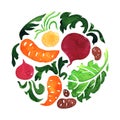 Set of vegetables in circle, carrot, beet, potato, salad leaf. Organic food, healthy vegetarian food concept. Banner