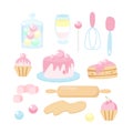 A set of kitchen items and sweets in a cartoon children\'s style