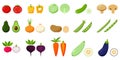 Set of vegetables. Pairs of whole and half vegetables in a cross section. Peas, beans, avocado, root vegetables. Food, vegetables