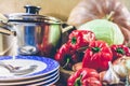 Set of vegetables plates and saucepan