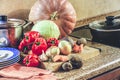 Set of vegetables plates and saucepan