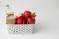 Set of vegetables for proper nutrition in a basket on the table