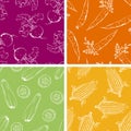 Set of vegetables seamless patterns. Corn, beets, carrots and zucchini.