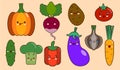 Set of vegetables smiley face kawaii characters. pepper, tomato, garlic, onion, chili, potato, cucumber. Flat design