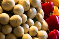 Set of vegetables stack of round fruits vegetables white radish red yellow close-up peppers paprika background farming base