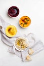 Set of vegetarian Middle Eastern Arabian eggplant,sweet potato and beet dip baba ganoush or mutabbal