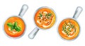 Set of vegetarian pumpkin cream soup. Watercolor illustration
