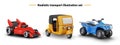 Set of vehicles in 3D cartoon style. Red racing car, yellow auto rickshaw taxi, blue quad bike Royalty Free Stock Photo