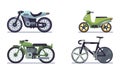 Set of vehicles. Motorcycles of different models, bicycle and motor scooter, mountain bike and delivery moped speed race Royalty Free Stock Photo