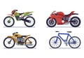 Set of vehicles. Racing motorcycles, sports mountain bike for road racing, speed race modern vehicle travel and sport