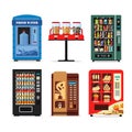 Set vending machines full of products, dispensers collection with water candy cigarettes snacks coffee hot food isolated