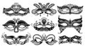 Set of 9 venetian carnival facial masks, Mardi Gras Carnival beautiful mask collection Royalty Free Stock Photo