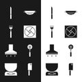 Set Ventilation, Fork, Knife, Kitchen colander, extractor fan, Pizza knife, Meat chopper and Electronic scales icon