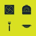 Set Ventilation, Kitchen colander, Fork and Oven icon. Vector