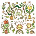 Set with Venus flytraps. Monsters plants print. Comic drawing of predatory flowers. Vector doodle colorful stickerpack.