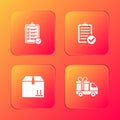 Set Verification of delivery list, , Cardboard box with traffic and Delivery truck gift icon. Vector