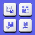 Set Verification of delivery list, Home services, Delivery security with shield and hand box icon. White square button