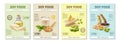 Set of vertical advertising posters with soy food products on colorful isolated