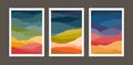 Set of vertical backgrounds or card templates with abstract waves or hills of warm vivid colors. Bundle of bright