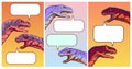 Set of vertical backgrounds with talking dinosaurs in comic style, funny illustration of social media dialogue. Vectors