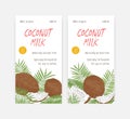 Set of vertical banner or label templates for coconut milk with coconuts and palm tree leaves. Natural fresh organic Royalty Free Stock Photo