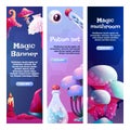 Set of Vertical Banner Templates Colorful Fantasy Magic Mushrooms. Fungus and Unrealistic Uneartly Shiny Alien Botany Royalty Free Stock Photo