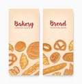 Set of vertical banner templates with tasty breads, sweet delicious pastry or homemade baked products. Hand drawn vector