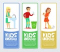 Set of vertical banners with children characters doing household chores washing dishes, sweeping the floor, throwing