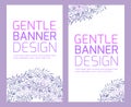 Set of vertical banners with delicate pattern of plants, branches with leaves and watercolor splashes.